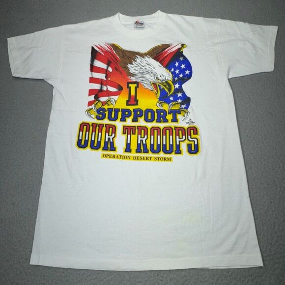 Vintage Desert Storm Shirt Mens Large White 1991 Support Our Troops Signal Flag - Picture 1 of 16